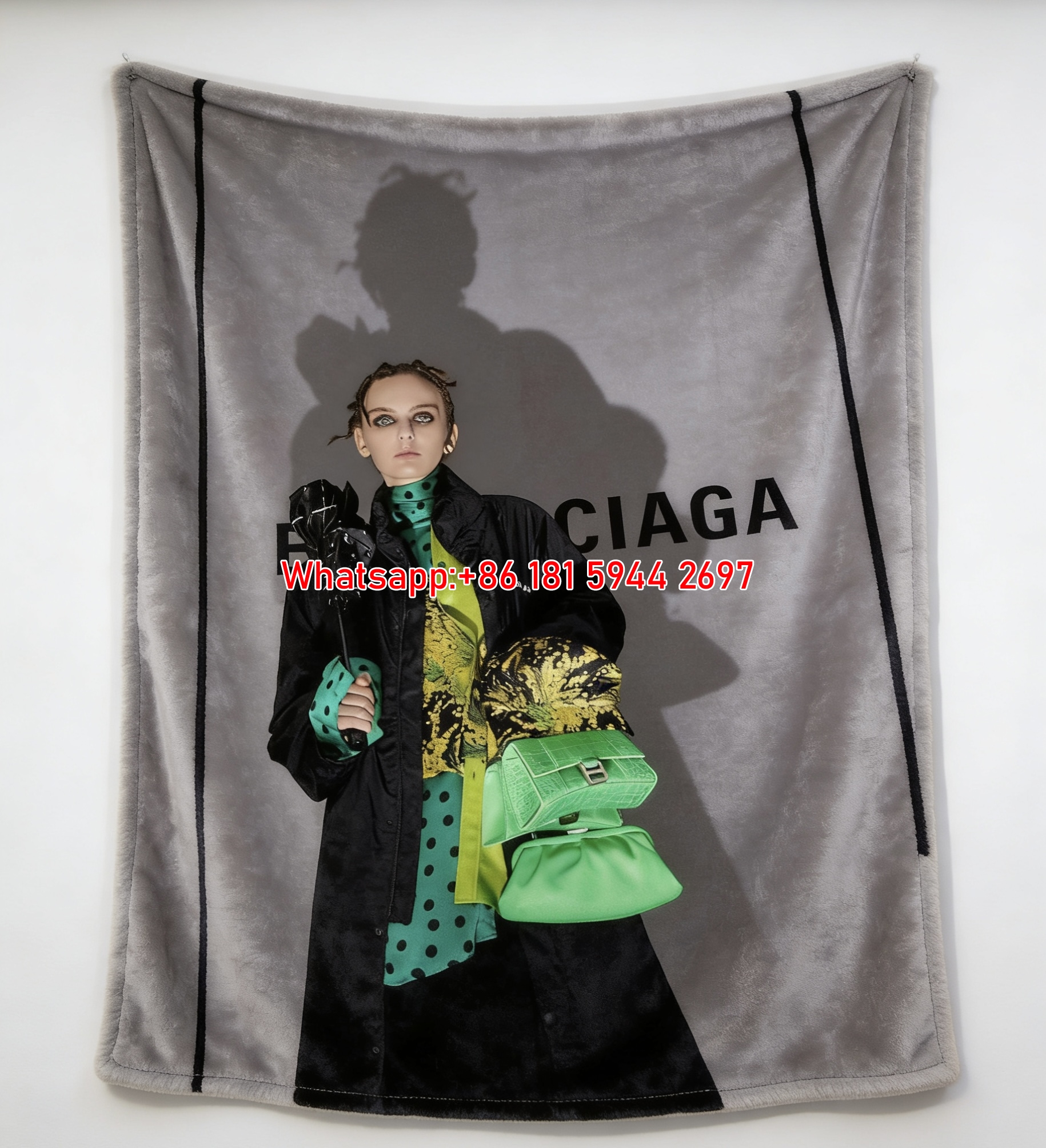 Balenciaga Green Accent Fashion Print Fleece Throw Blanket BA462